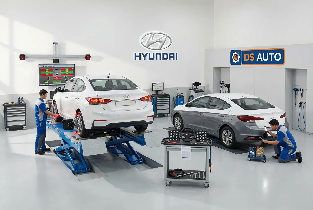 Процесс регулировки развал-схождения колес автомобиля Hyundai в автосервисе DS Auto в Жуковском
