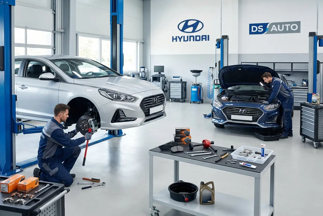 Процесс замены передних тормозных колодок Hyundai в автосервисе DS Auto в Жуковском
